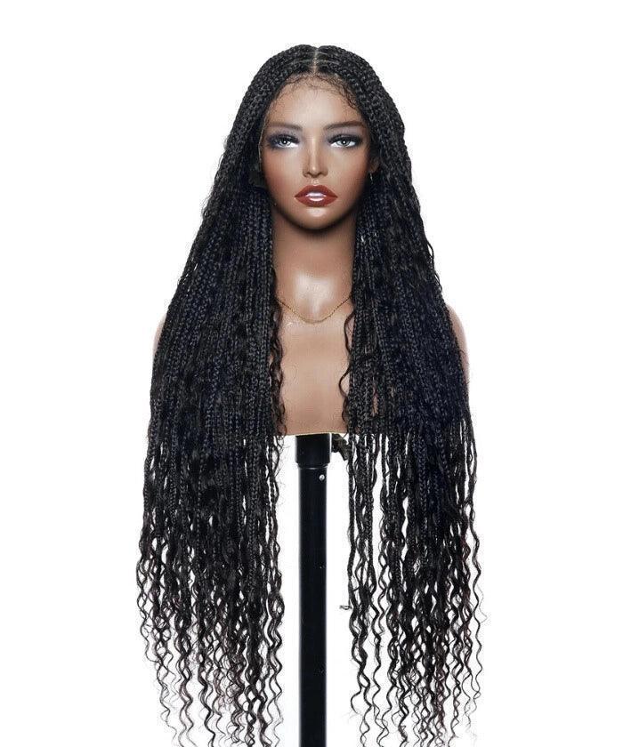 Human Baby Hair Boho Curls Knotless Braided HD Full Lace Wig Hand-tied Natural Black