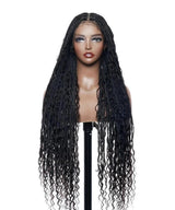 Human Baby Hair Boho Curls Knotless Braided HD Full Lace Wig Hand-tied Natural Black