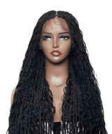 Human Baby Hair Boho Curls Knotless Braided HD Full Lace Wig Hand-tied Natural Black