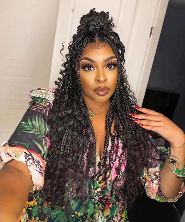 Deep Curly Boho Knotless Braided HD Full Lace Wig Gradient Brown