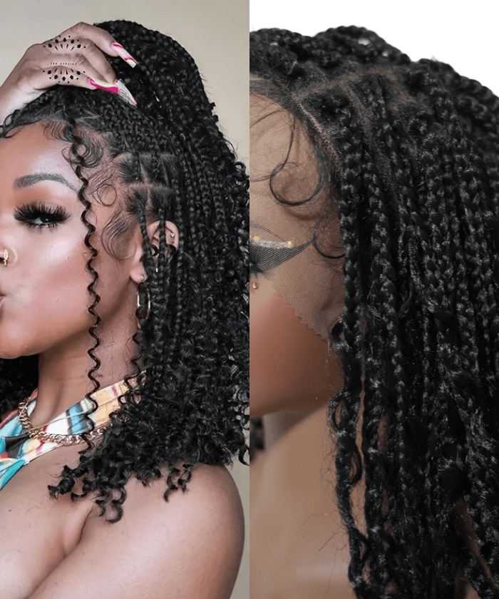 Short HD Full Lace Knotless Boho Box Braided Wig With Human Hair Natural Black