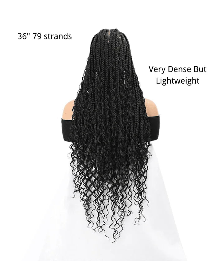 Short Human Baby Hair Boho Curls Hand-tied Knotless Box Braided HD Full Lace Wig Natural Black