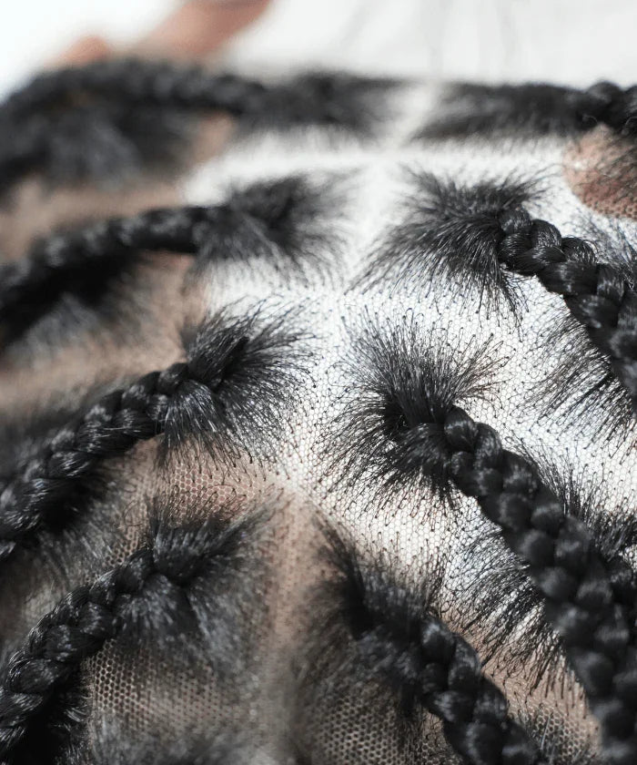 Short Human Baby Hair Boho Curls Hand-tied Knotless Box Braided HD Full Lace Wig Natural Black