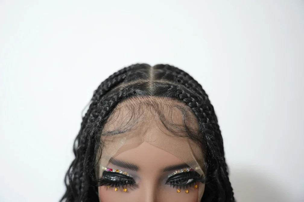 Short Human Baby Hair Boho Curls Hand-tied Knotless Box Braided HD Full Lace Wig Natural Black
