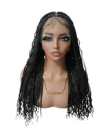 Short Human Baby Hair Boho Curls Hand-tied Knotless Box Braided HD Full Lace Wig Natural Black