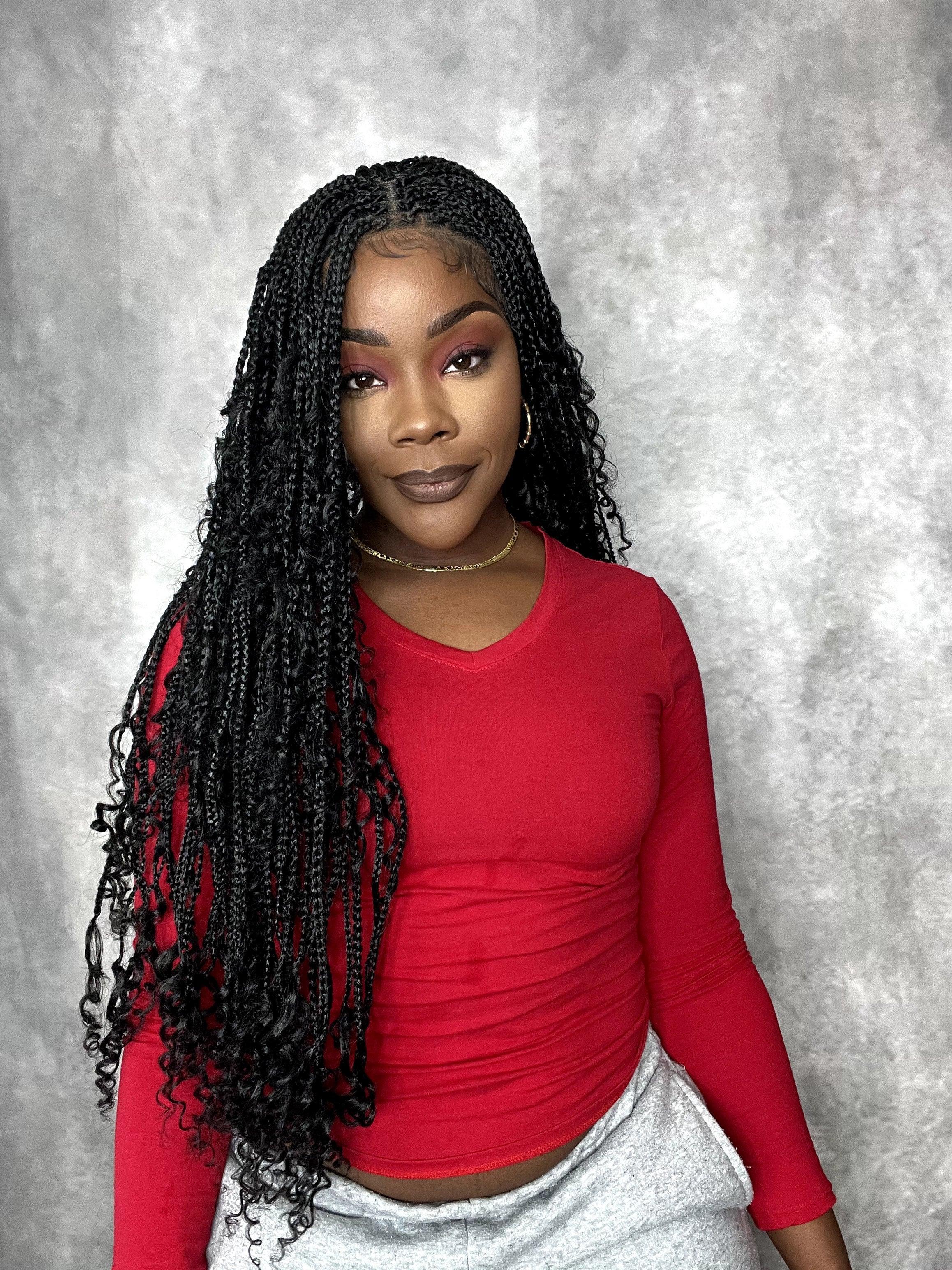 121 Strands Human Baby Hair Boho Curls Knotless Braided HD Full Lace Wig Hand-tied Natural Black