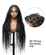 Short Human Baby Hair Boho Curls Hand-tied Knotless Box Braided HD Full Lace Wig Natural Black