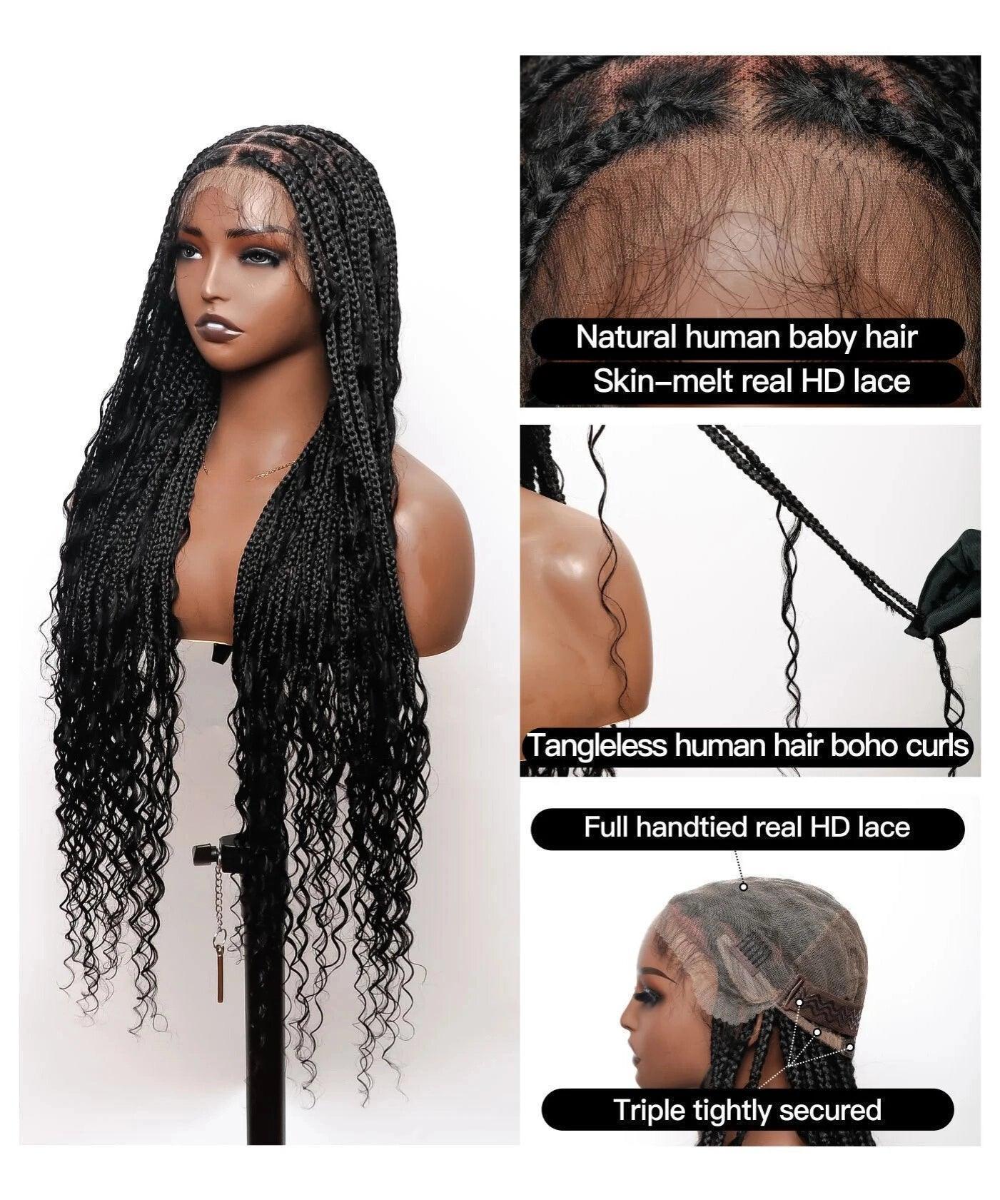Short Human Baby Hair Boho Curls Hand-tied Knotless Box Braided HD Full Lace Wig Natural Black